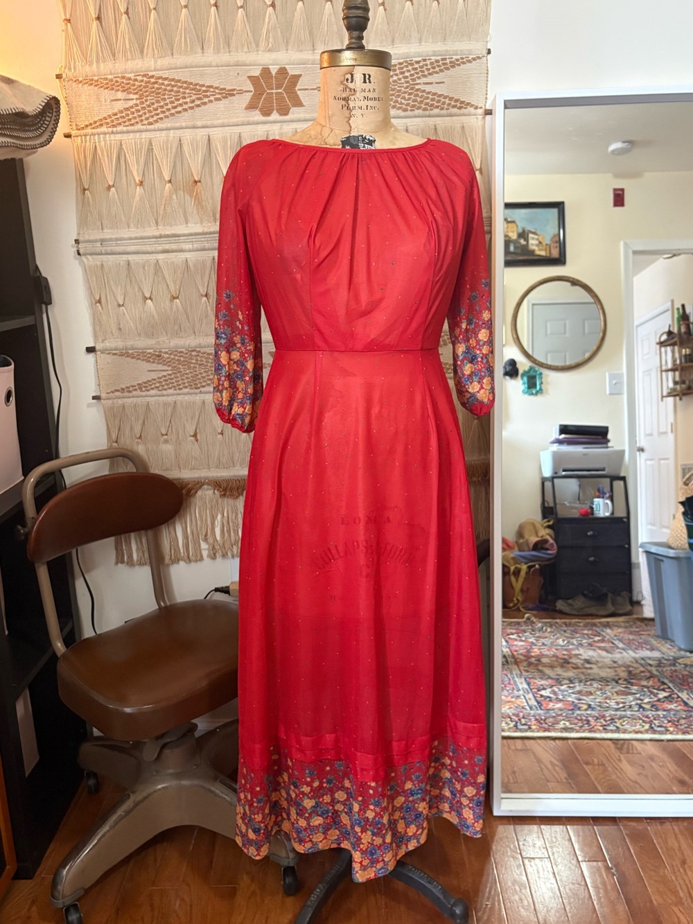 Vintage Red Midi Dress with Floral Trim Detail